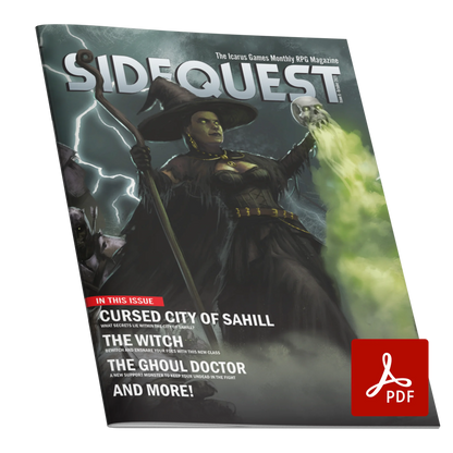 A mockup of the cover of SIDEQUEST Issue 6. The cover art depicts A witch with green skin dressed in black who holds a staff in one hand and a skull in the other. Around her, undead minions rise from the ground to march beside her.  Text overlaid on the image describes the contents of the issue. 