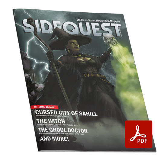 A mockup of the cover of SIDEQUEST Issue 6. The cover art depicts A witch with green skin dressed in black who holds a staff in one hand and a skull in the other. Around her, undead minions rise from the ground to march beside her.  Text overlaid on the image describes the contents of the issue. 