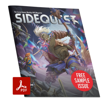 A mockup of the cover of the SIDEQUEST preview Issue. The cover art depicts A group of adventurers fighting a giant which is covered in prismatic crystals. A male orc with long black hair wearing leather and fur armor jumps through the air firing a bow at the giant. A female dwarf with red hair wearing blue robes stands in front of the giant ready to attack. A human woman with dark skin and curly hair lies on her back, having been knocked over by the giant. 