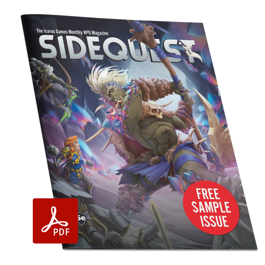 A mockup of the cover of the SIDEQUEST preview Issue. The cover art depicts A group of adventurers fighting a giant which is covered in prismatic crystals. A male orc with long black hair wearing leather and fur armor jumps through the air firing a bow at the giant. A female dwarf with red hair wearing blue robes stands in front of the giant ready to attack. A human woman with dark skin and curly hair lies on her back, having been knocked over by the giant. 