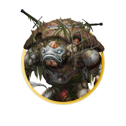 A circular token depicting A grey monster with a fish-like head, large mouth, and bulbous eyes. It's body is covered in the shells of smaller animals and equipment which has been lost to the water, such as weapons, shields, and armor. It has long, pointed claws and webbed feet. 