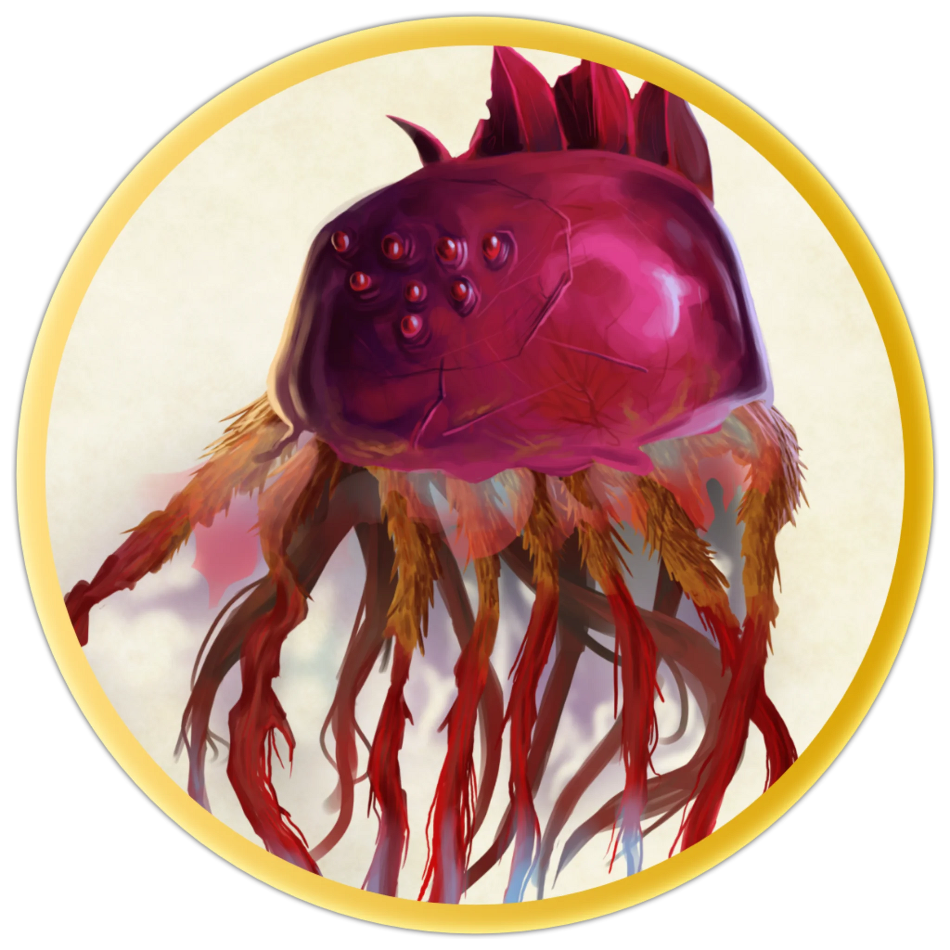 A circular token depicting A vibrant magenta monster with many tentacles that floats through the air. The tips of the tentacles glow with blue energy.