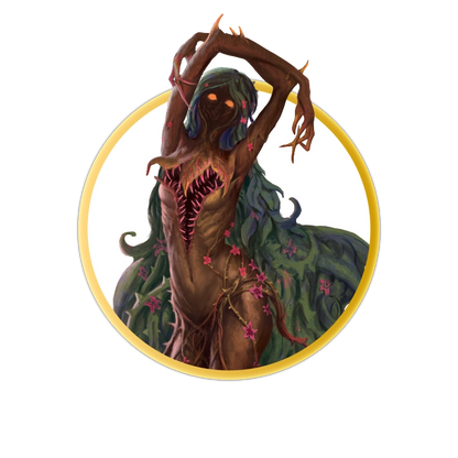 A circular token depicting A living plant shaped like a woman with long green vines for hair. The creature's face is a knot of roots with glowing orange lights for eyes. The creature's chest has a mouth like that of a venus fly trap which it uses to eat its victims after luring them close with the bright flowers it has across its body. 
