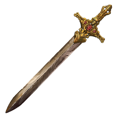 A greatsword with a blade made of swirling golden metal. The hilt is a styalized skeleton made from gold with red rubies inset into the center. 
