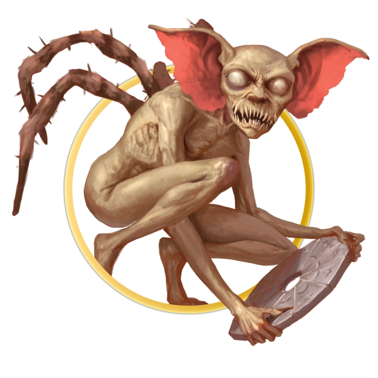 A circular token which depicts A tiny creature with bat-like ears, large white eyes, sharp pointed teeth, and spider-like legs that come from it's back. 
