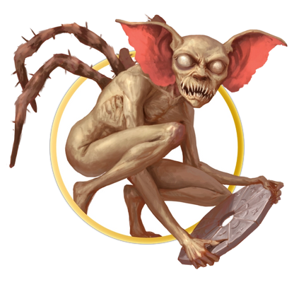 A circular token which depicts A tiny creature with bat-like ears, large white eyes, sharp pointed teeth, and spider-like legs that come from it's back. 

