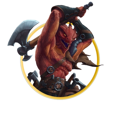 A circular token which depicts A red-skinned dragonborn wearing simple leather trousers and no shirt. He is drawing his large axe behind his head ready to bring it down on his unseen victim. 
