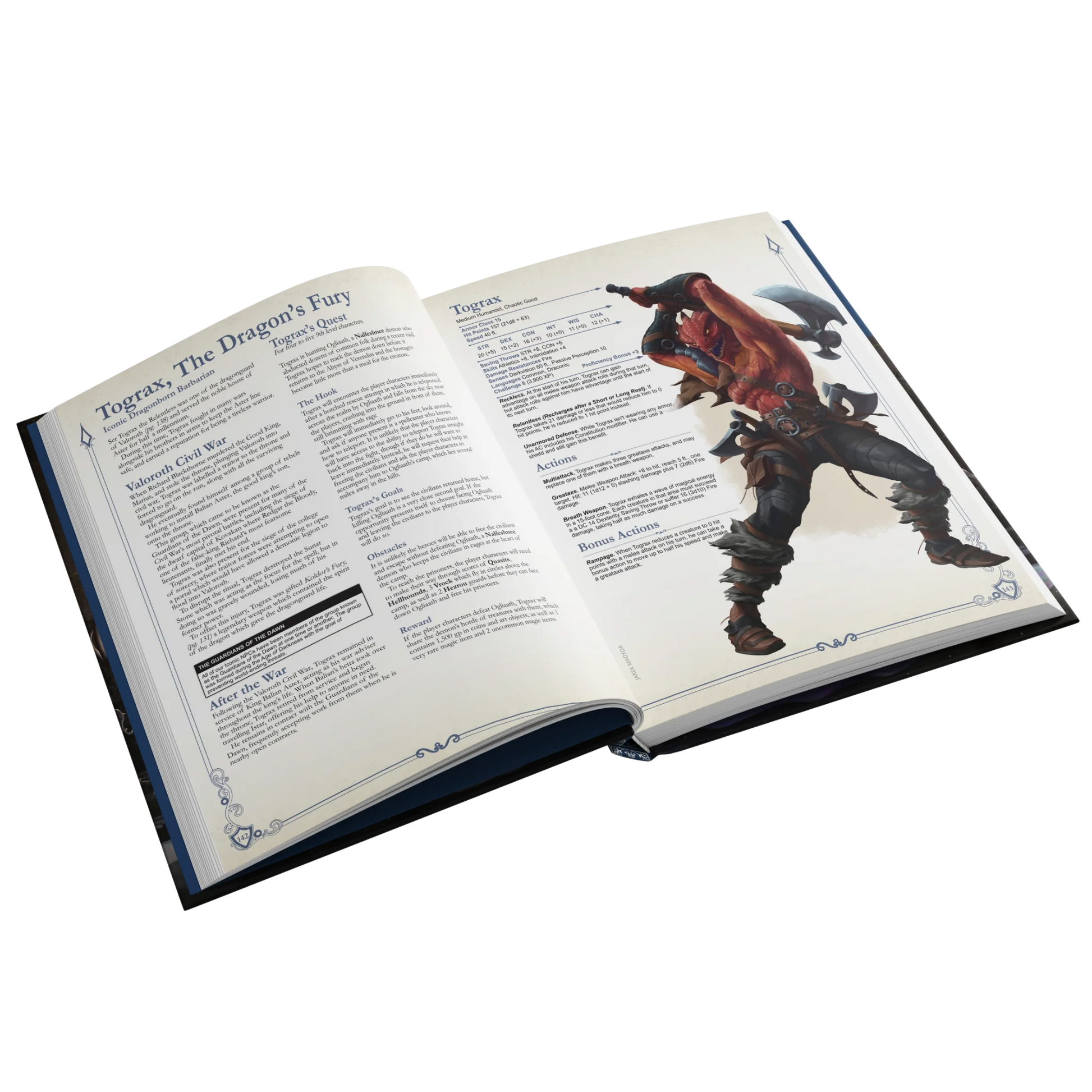 A mockup showing an interior spread of the SIDEQUEST annual. This spread depicts the iconic NPC, Tograx and features text on both pages and an illustration of a red-skinned dragonborn barbarian on the right page. 