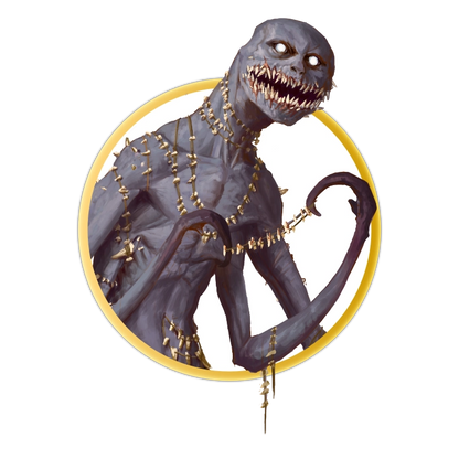 A circular token which depicts A tall, slender creature with rotten grey skin, hooked limbs, who wears multiple necklaces of teeth it has taken from its victims. 
