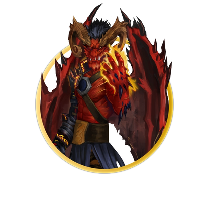 A circular token which depicts A red-skinned demon with goat hooves, large spiked wings, and ram horns. It holds a dangerous, rectangular sword and is casting a spell with the other hand. 
