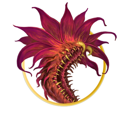 A circular token which depicts The vinemaw, a large orange-red plant creature which a huge mouth which runs the length of its body. It has twisting vines for legs, and a canopy of large brightly colored petals. 
