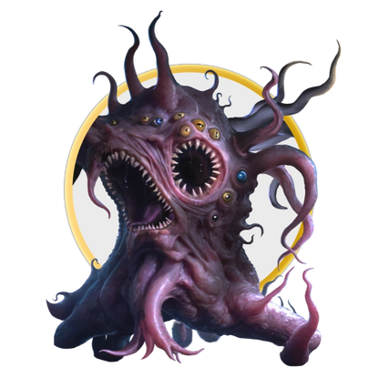 A circular token which depicts a purple-skinned eldritch abomination which has a multiple large mouths with many teeth, dozens of multi-colored eyes, and multiple tentacles. 