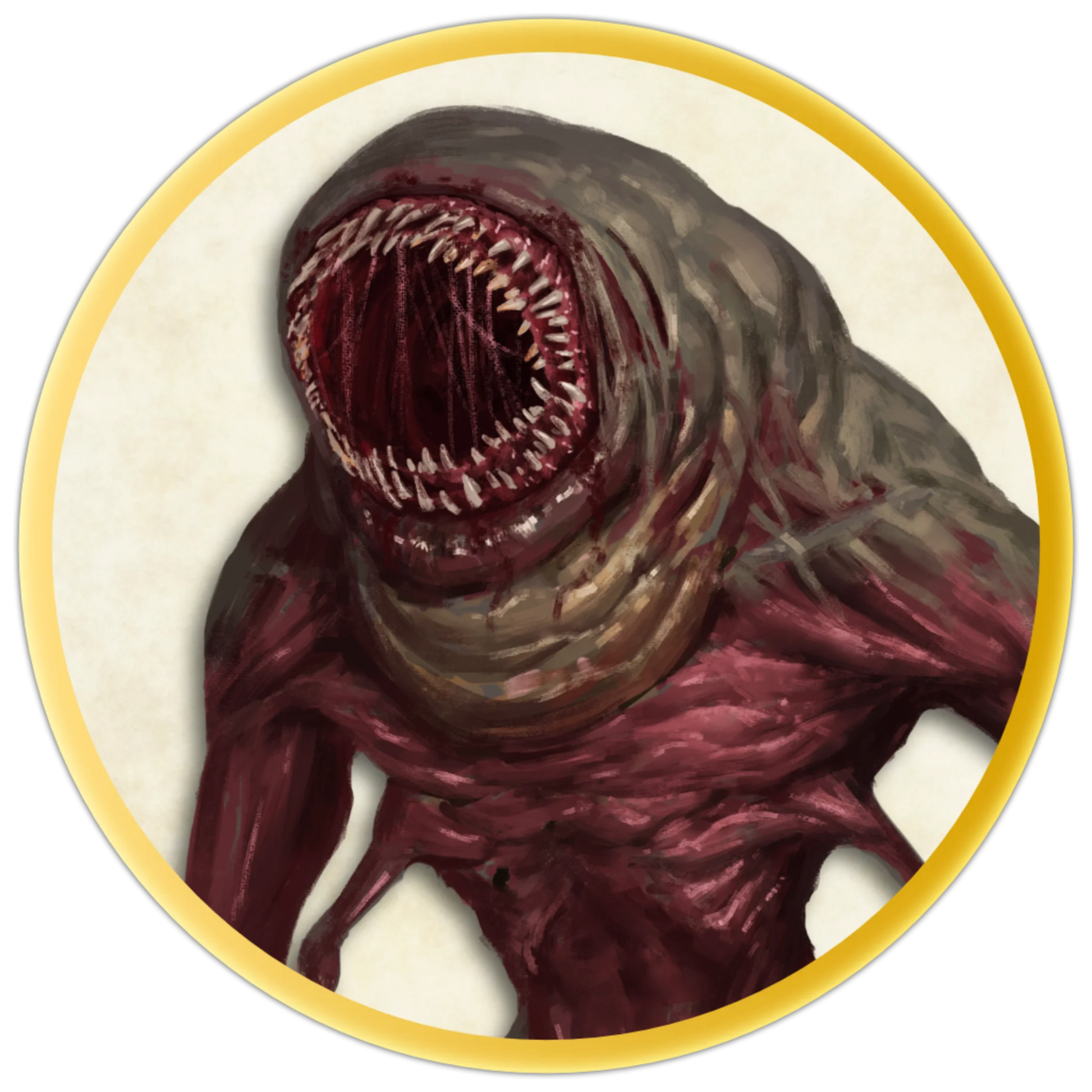 A circular token depicting A large, red and grey skinned monster with no eyes and a large mouth with hundreds of teeth. It has four arms. Two are long and clawed, and two are short and hooked. 