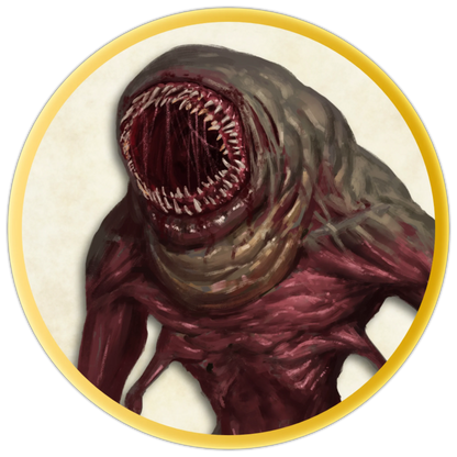 A circular token depicting A large, red and grey skinned monster with no eyes and a large mouth with hundreds of teeth. It has four arms. Two are long and clawed, and two are short and hooked. 